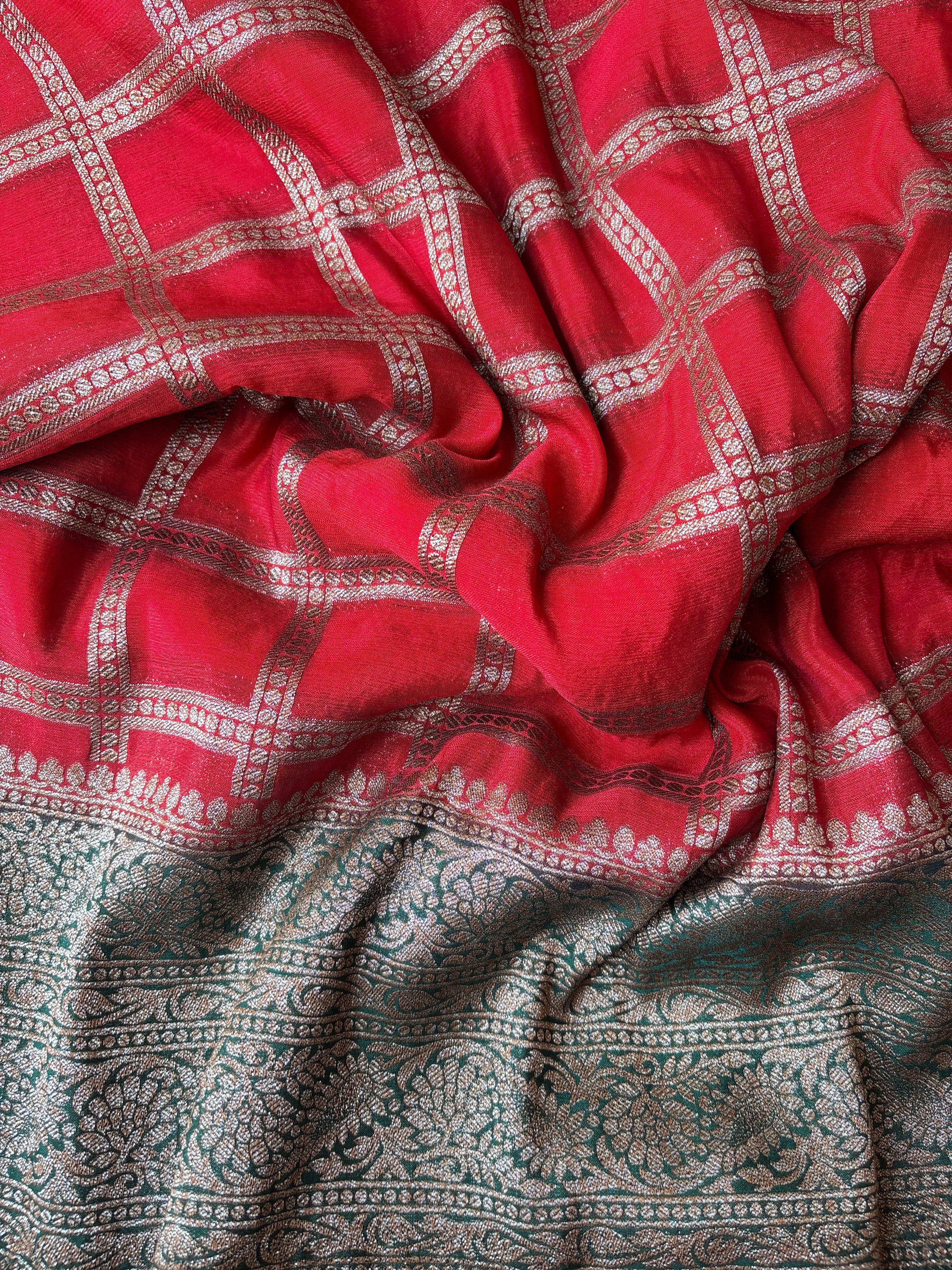 Red with Dark Green semi banaras Saree